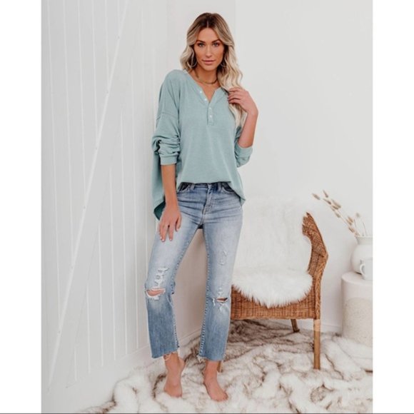 MAGGIE RELAXED KNIT HENLEY TOP SAGE - Picture 4 of 11